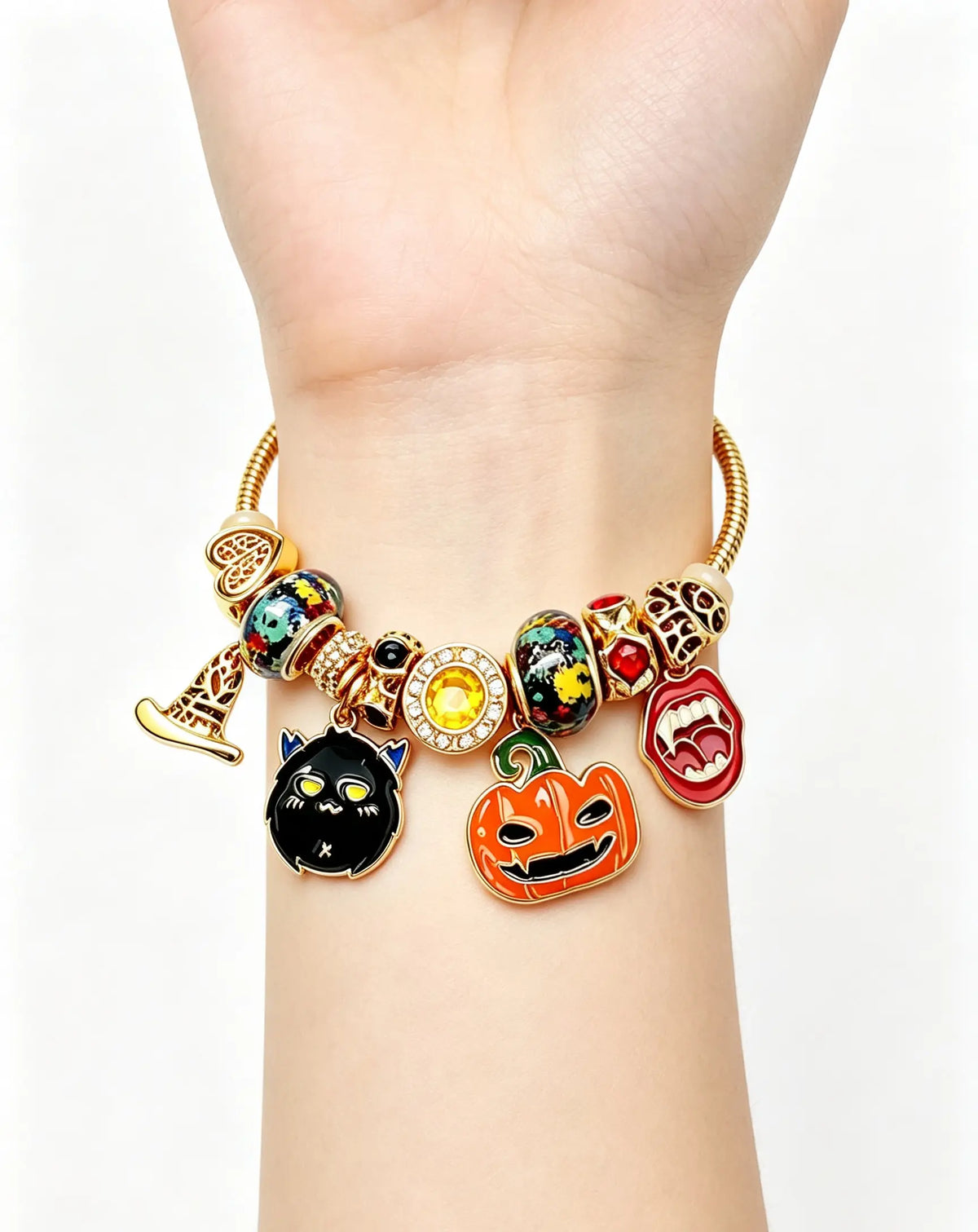Halloween Charm Bracelet, Gold-Tone Adjustable Snake Chain Bracelet with Pumpkin, Black Devil Cat, Vampire Fangs & Witch Hat Charms, Spooky Cute Halloween Jewelry Gift for Women Girls