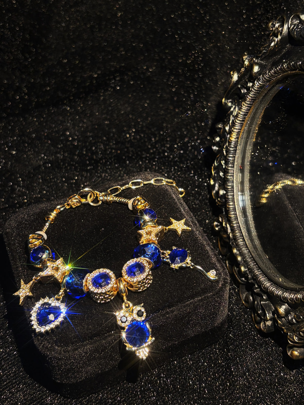 Women's Sparkly Blue Crystal Charm Bracelet - Gold-Tone Adjustable Snake Chain with Owl, Star, Heart Rhinestone Dangle Charms, Elegant Evening Party Jewelry Gift for Teen Girls