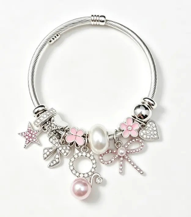 Women's Silver Twisted Wire Open Cuff Bracelet - Dual-Style Pink & White Rhinestone, Bow, Star, Heart, 4-Leaf Clover, Pearl Pendant Bangle, Stackable Dainty Costume Jewelry Gift