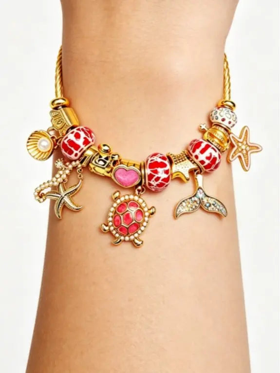 Tone Gold Open Twist Bangle Ocean Charm Bracelet Red Enamel Bead Turtle Mermaid Tail Starfish Shell Women Beach Jewelry Gift