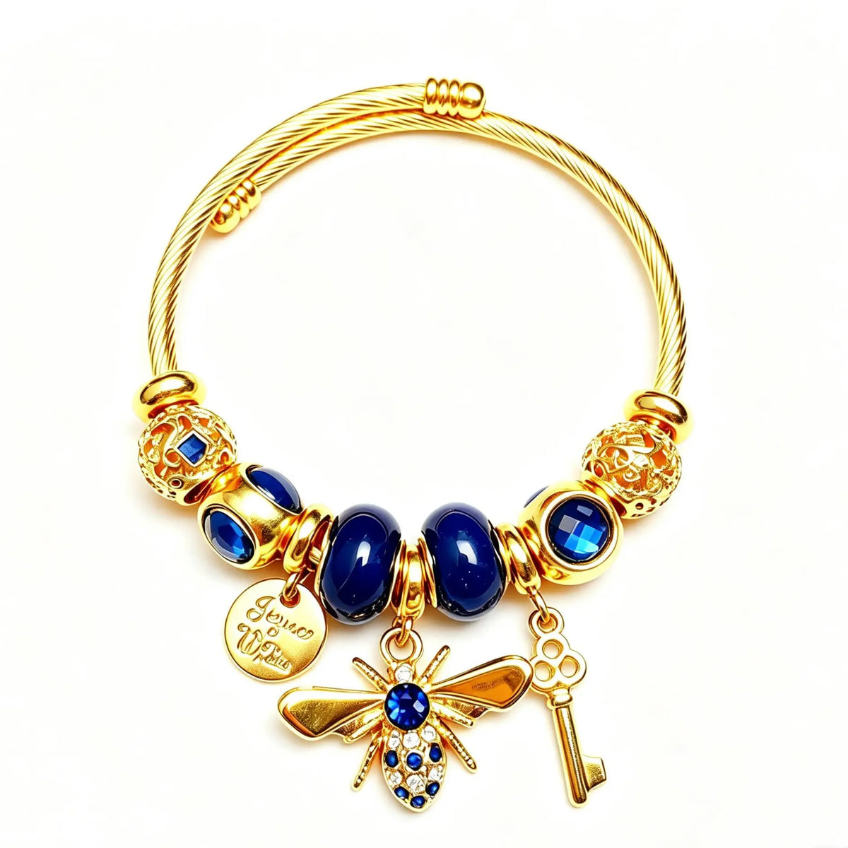 Gold Bee Charm Bangle Bracelet for Women, Adjustable Cable Wire Open Cuff Bracelet with Key & Coin Pendant, Fashion Multicolor Beaded Jewelry Gift