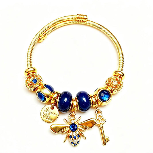 Gold Bee Charm Bangle Bracelet for Women, Adjustable Cable Wire Open Cuff Bracelet with Key & Coin Pendant, Fashion Multicolor Beaded Jewelry Gift