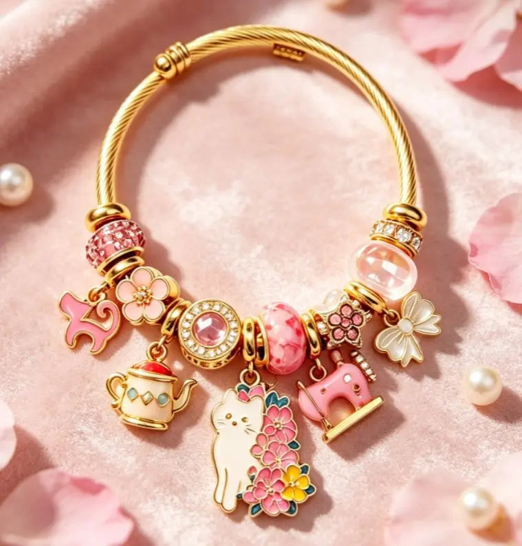 Tone Gold Twisted Open Bangle Pink Cat Cherry Blossom Charm Bracelet Cute Teapot Rocking Horse Bow Crystal Bead Women Sweet Girly Jewelry Gift