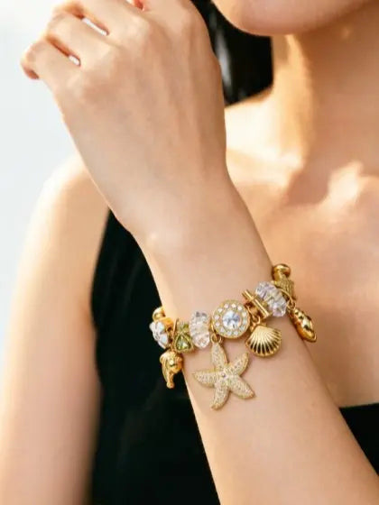 Tone Gold Twisted Open Bangle Dual Color Ocean Charm Bracelet Black Clear Crystal Dolphin Starfish Shell Floral Bead Women Beach Vacation Jewelry Gift