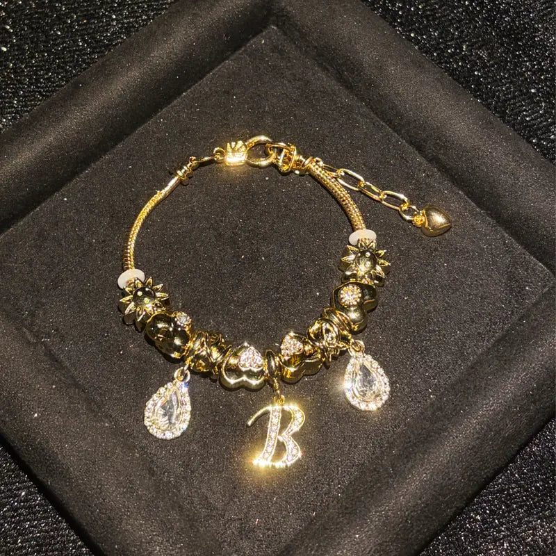 Women's Gold-Tone Mixed Charm Beaded Bracelet - A-Z Initial Letters Available, Fashion Costume Jewelry Gift