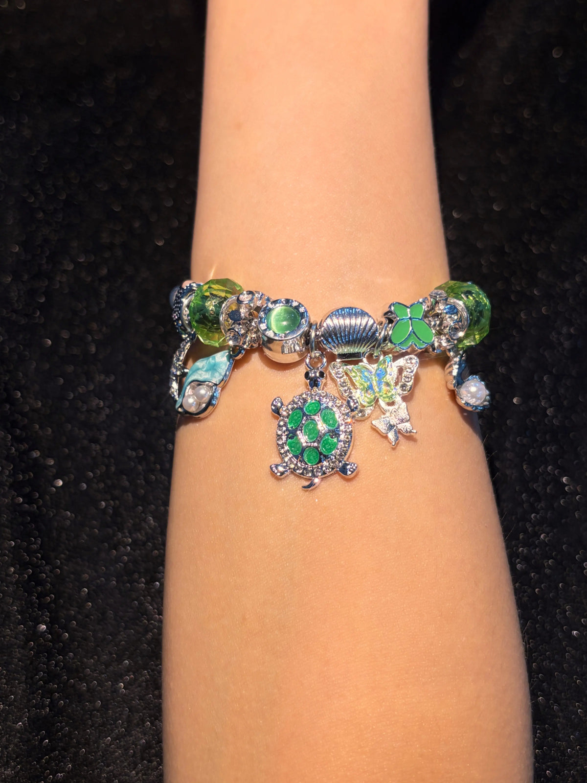 Women's Silver-Tone Ocean Turtle Snake Chain Bracelet, Adjustable Extension Chain, Enamel Turtle Shell Starfish Butterfly Dangles, Purple & Green Crystal Beads, 2-Color Options, Stackable Beach Costume Jewelry Gift
