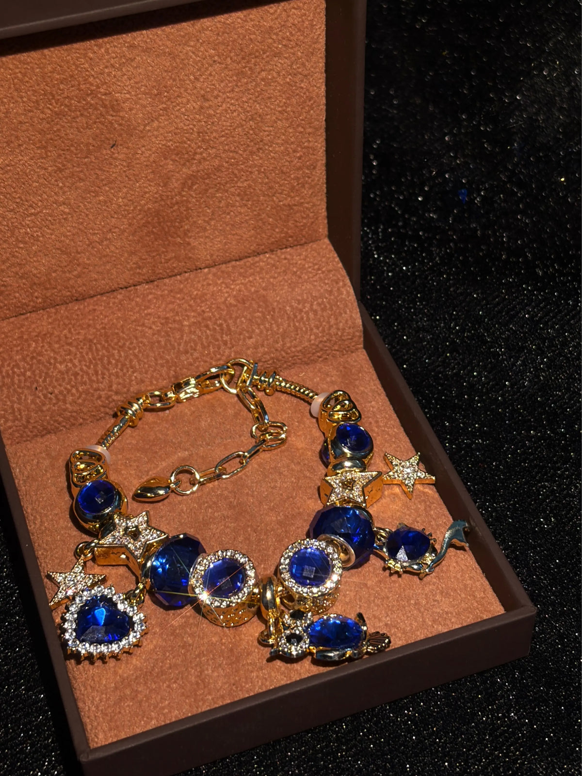 Women's Sparkly Blue Crystal Charm Bracelet - Gold-Tone Adjustable Snake Chain with Owl, Star, Heart Rhinestone Dangle Charms, Elegant Evening Party Jewelry Gift for Teen Girls