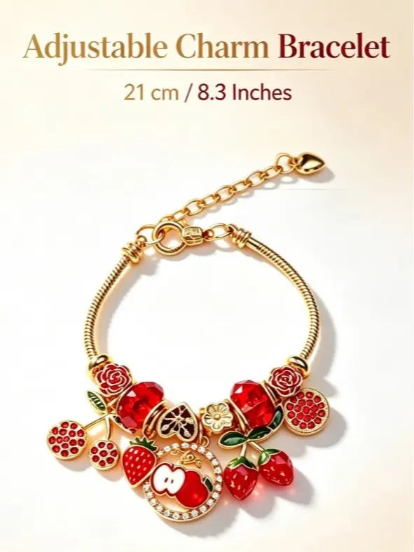Gold Snake Chain Bracelet with Enamel Charms and Red Crystal for Women Jewelry