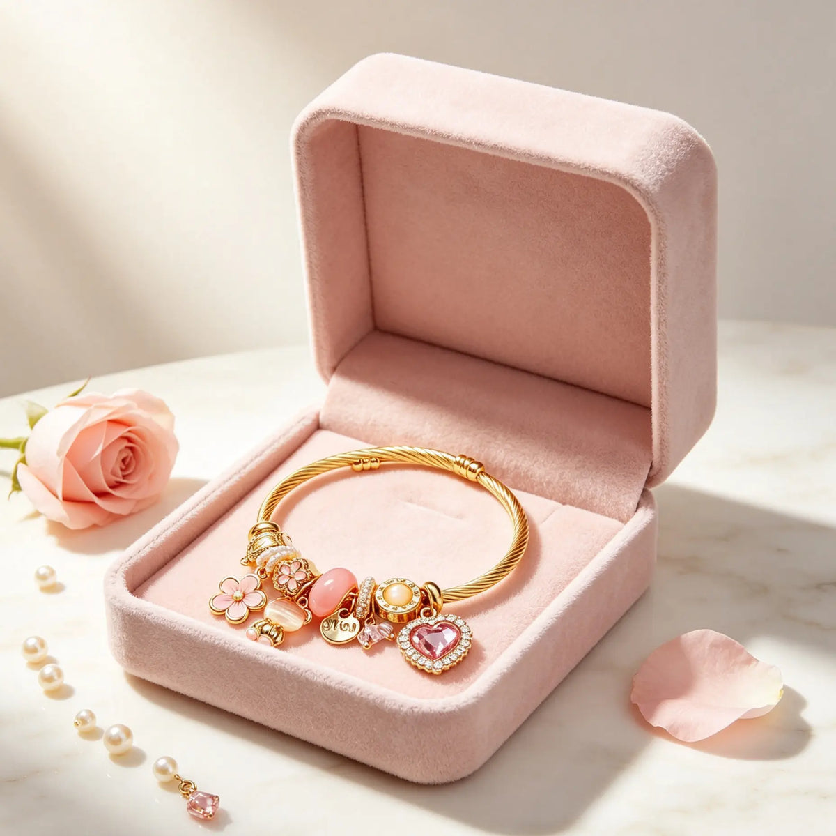 Adjustable Open Cuff Charm Bracelet for Women, 2 Styles Pink & Sky Blue Enamel Bead Bangle with Rhinestone Heart Charms, Gold Twisted Wire Flexible Bracelets Jewelry Gift for Daily Wear