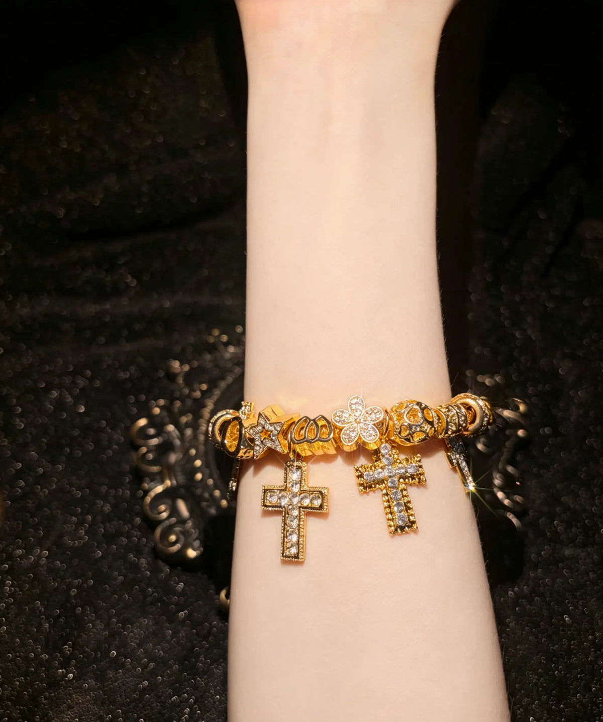 Women's Gold Tone Charm Bracelet, Sparkling Cross & Flower Rhinestone Charms Bangle for Daily Party Wear