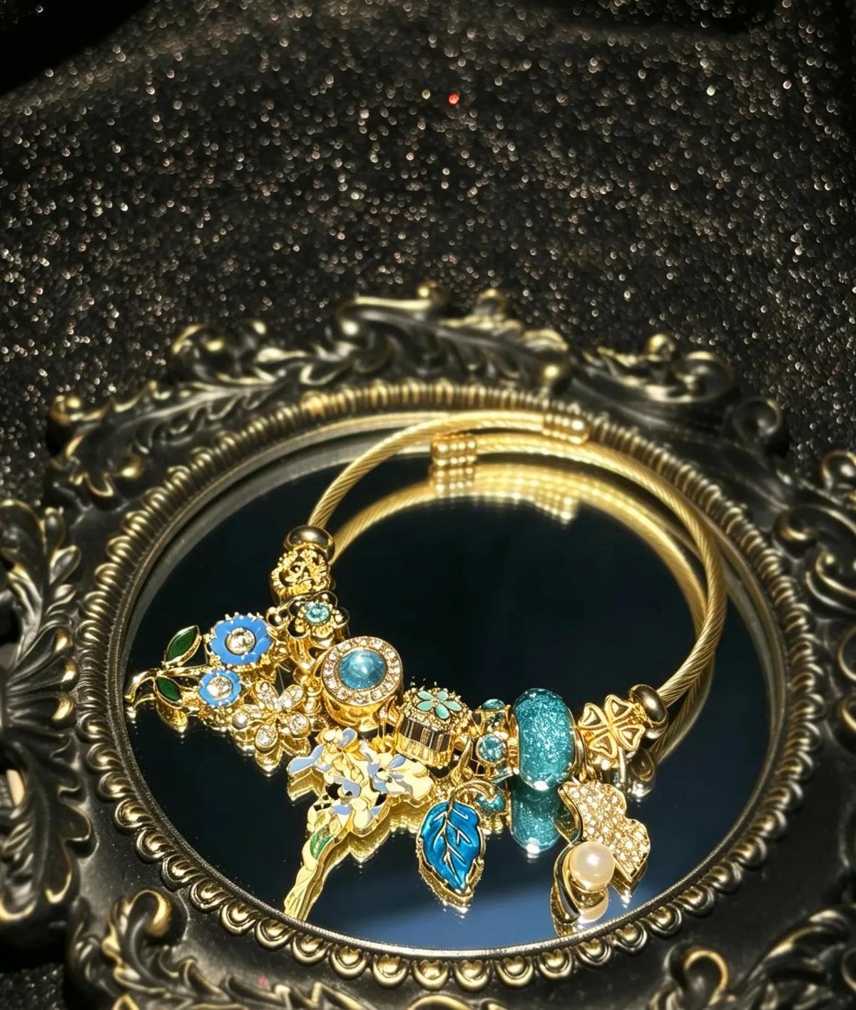 Women's Gold-Tone Enamel Floral Open Cuff Charm Bangle - Nature Collection Jewelry with Flower, Leaf, Pearl & Rhinestone Charms, Fashion Gift for Ladies