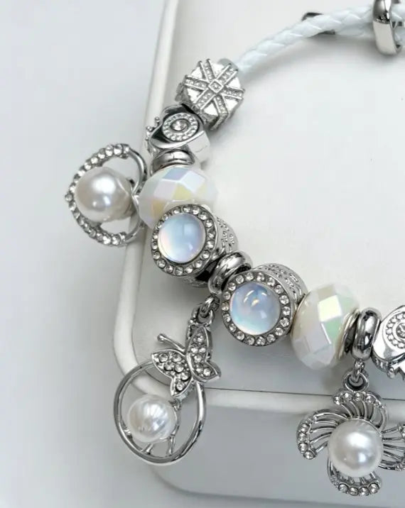 White Braided Adjustable Charm Bracelet Pearl Heart Crystal Beads Stackable Wrist Jewelry Gift For Women Daily Wear