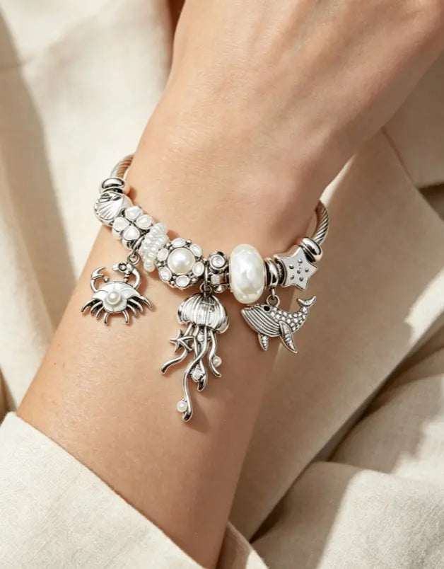 Ocean Pearl Silver Bangle Bracelet, Jellyfish Crab Whale Starfish Charm Twist Cable Bracelet, Summer Beach Sea Animal Bead Jewelry Gift for Women