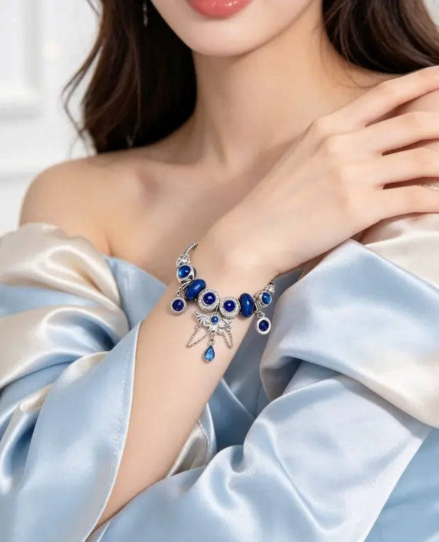 Blue Crystal Butterfly Charm Bracelet for Women, Adjustable Silver Snake Chain Beaded Bangle with Rhinestone Teardrop Pendant, Ocean Themed Dainty Jewelry Gift for Teen Girls