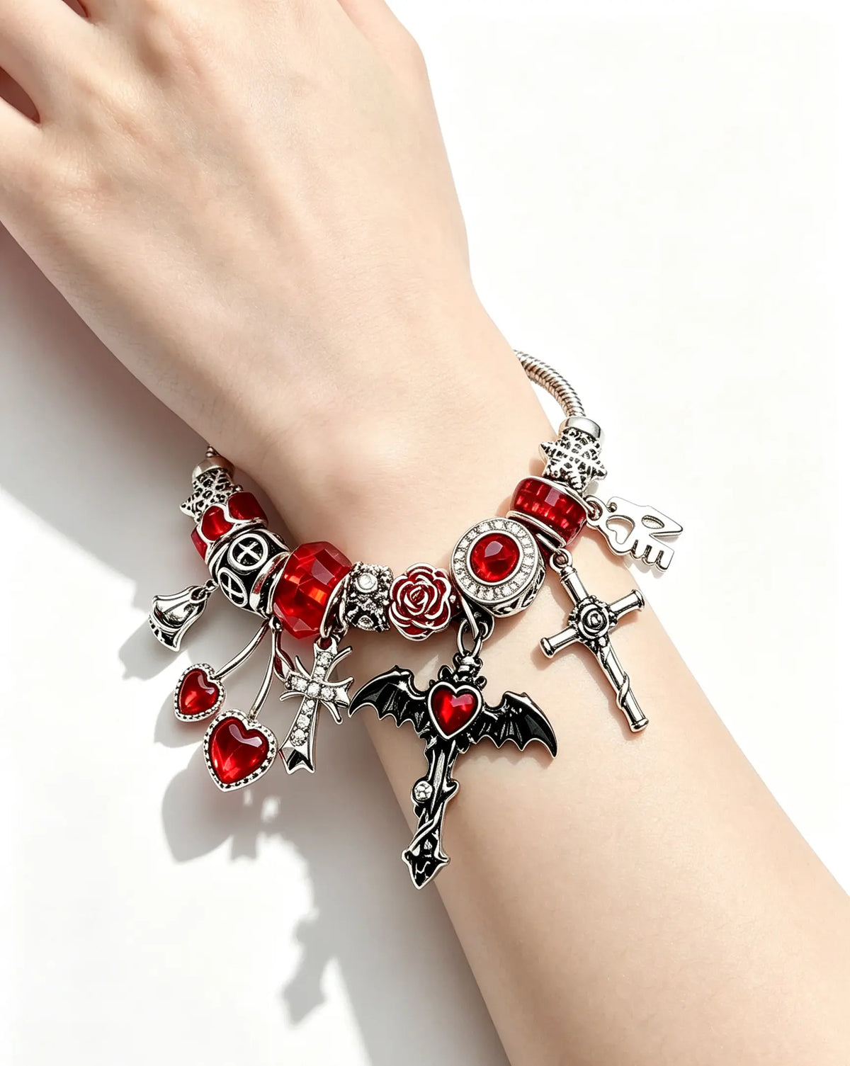 Silver‑Tone Adjustable Snake Chain Charm Bracelet for Women, Gothic Bracelet with Bat, Cross, Red Heart & Crystal Bead Charms, Punk Dark Fashion Jewelry, Halloween Costume Gift for Ladies Girls