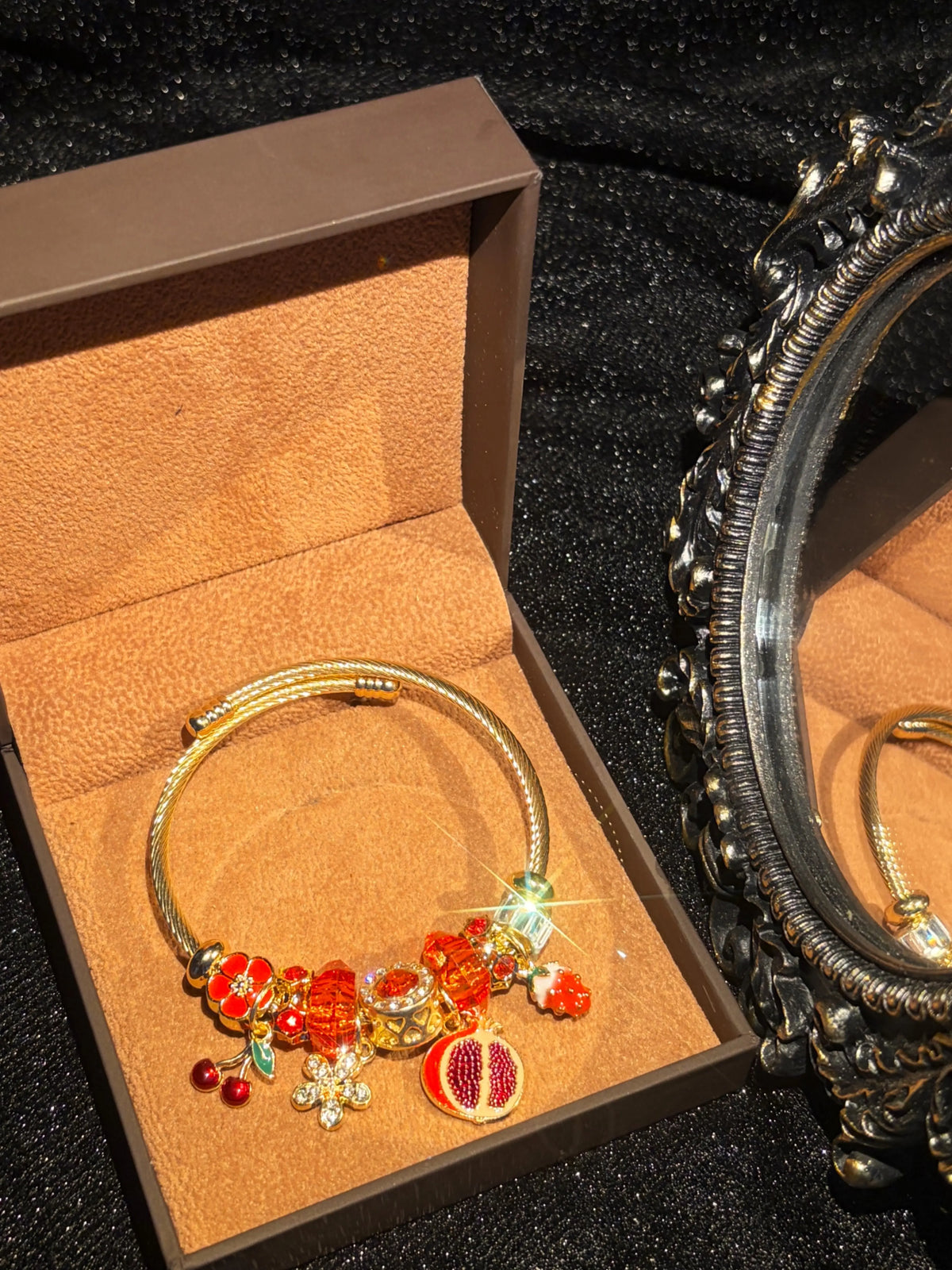 Women's Gold-Tone Wire Open Bangle Bracelet, Fruit-Themed Jewelry with Pomegranate, Strawberry, Cherry, Flower Enamel Charms, Elegant Stackable Gift