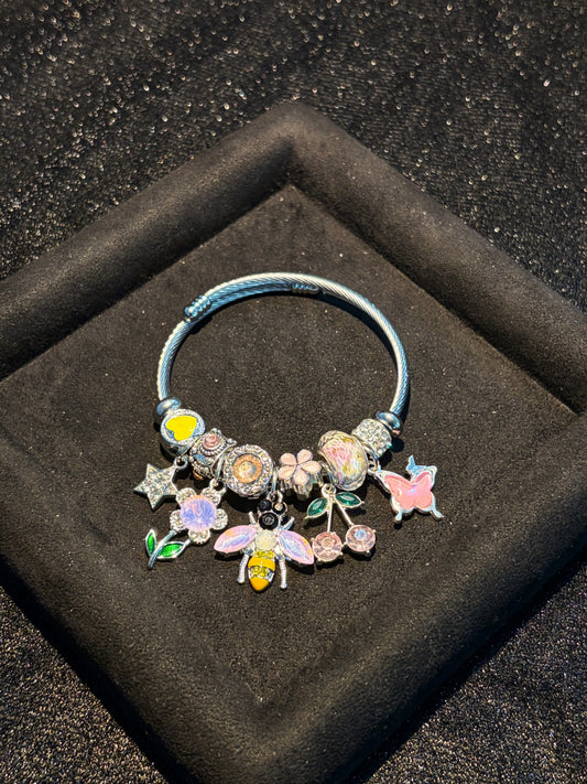 Women's Silver-Tone Bee & Butterfly Open Cuff Bangle, Flower Stackable Costume Jewelry Bracelet