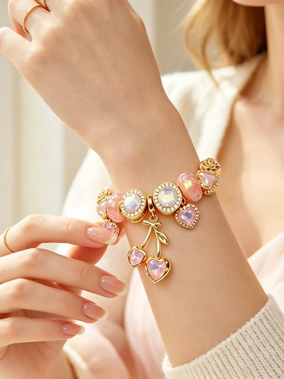 Romantic Pink Heart Charm Bracelet for Women, Elegant Adjustable Bracelet with Sparkling Heart Gemstones, Sweet Jewelry Gift