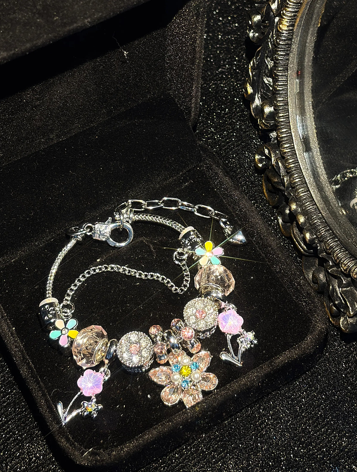 Women's Silver-Tone Snake Chain Charm Bracelet - Colorful Rhinestone Floral Dangle Charms, Crystal Beaded Costume Jewelry Gift for Teen Girls