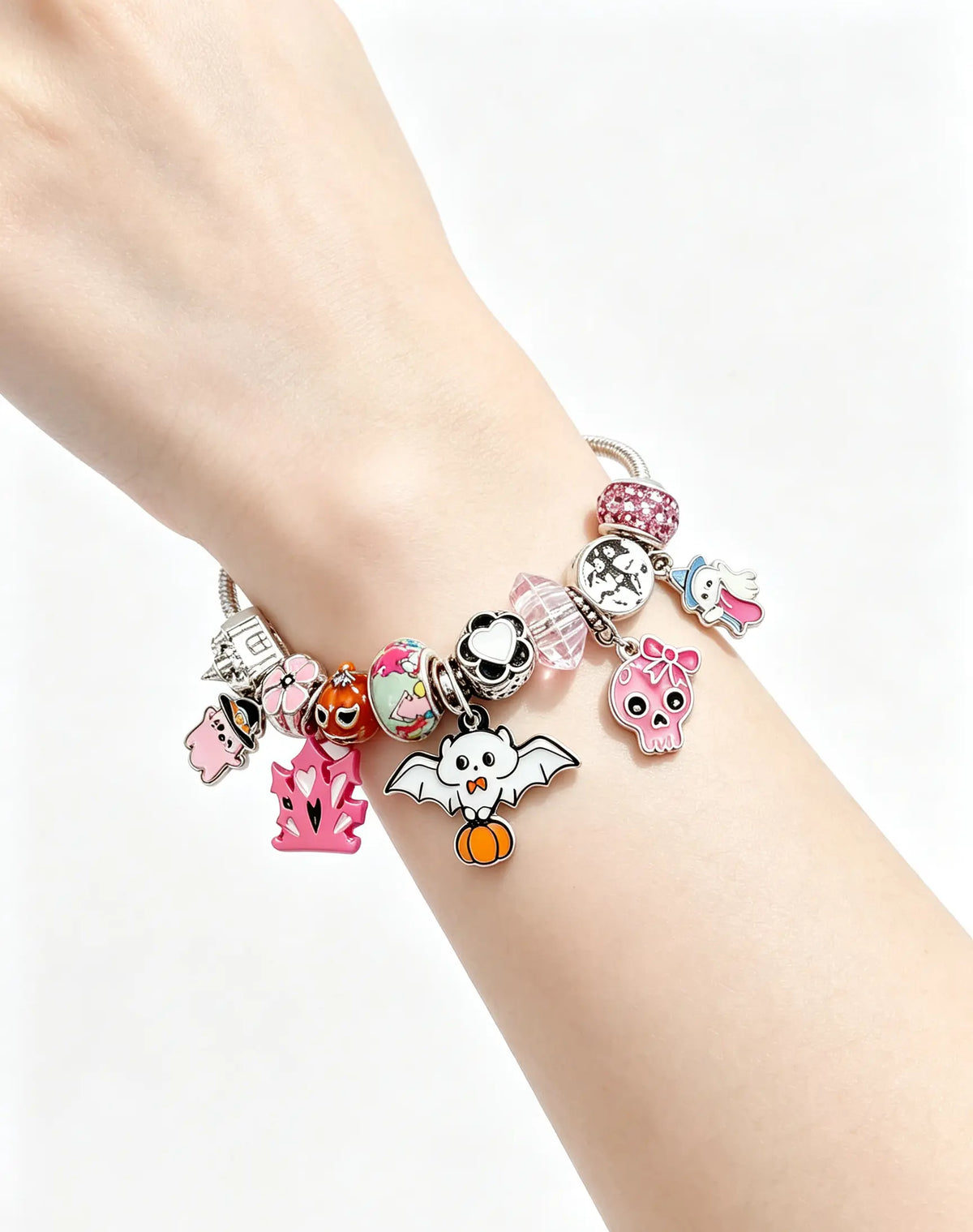 Halloween Pink Ghost Charm Bracelet, Silver-Tone Adjustable Snake Chain Bracelet with Pumpkin Bat Skull Dangle Charms, Cute Halloween Jewelry Gift for Women Girls