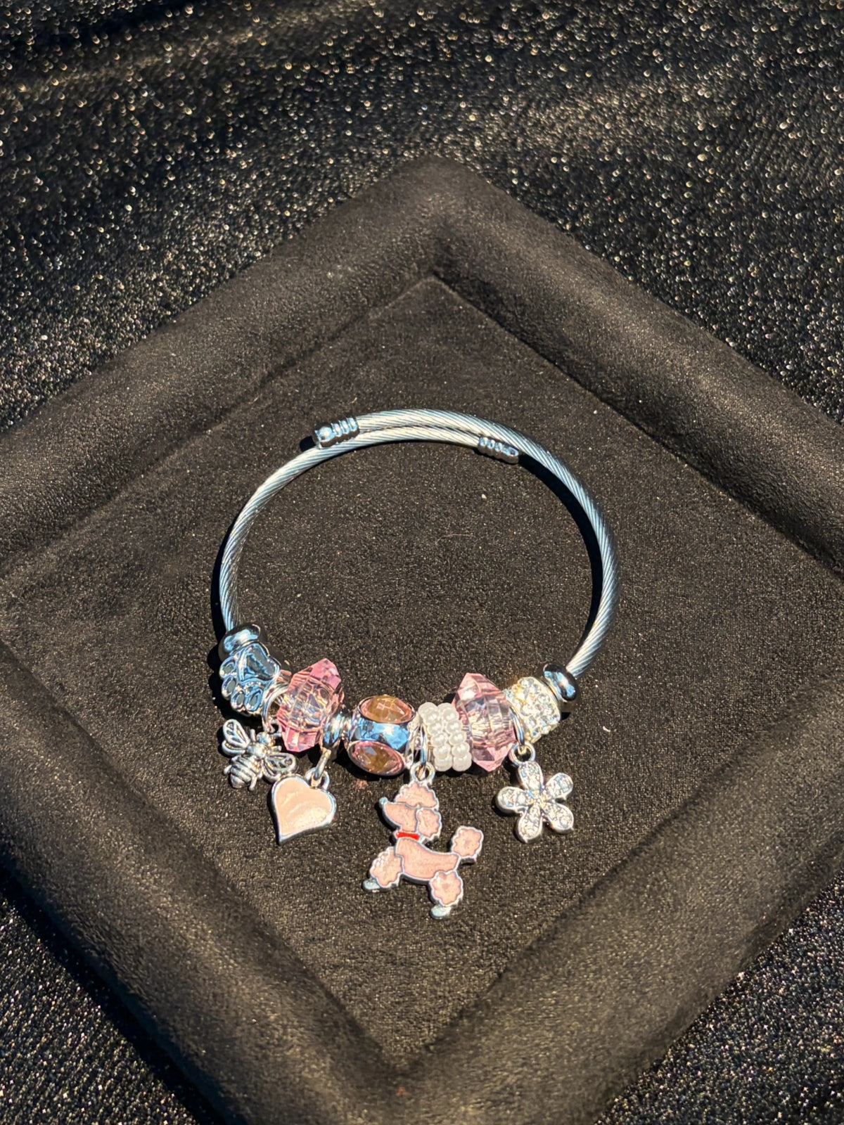Women's Silver-Tone Open Cuff Bangle Bracelet with Cute Pink Poodle Charm, Heart Flower Crystal Beads, Stackable Sparkly Costume Jewelry Gift