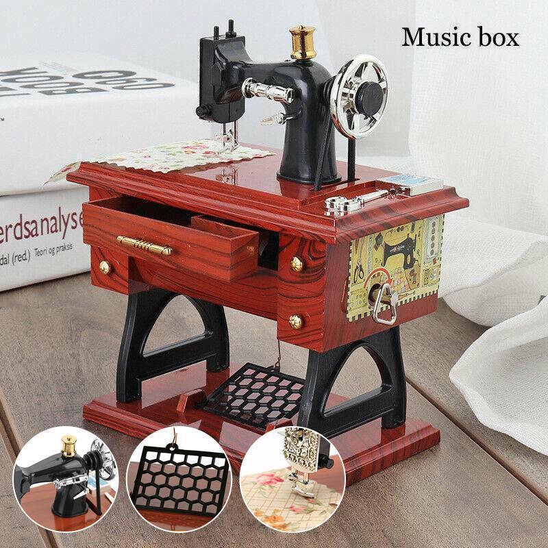 Vintage Mini Sewing Machine Music Box with Drawer – Retro Wooden Treadle Sewing Machine Decor
