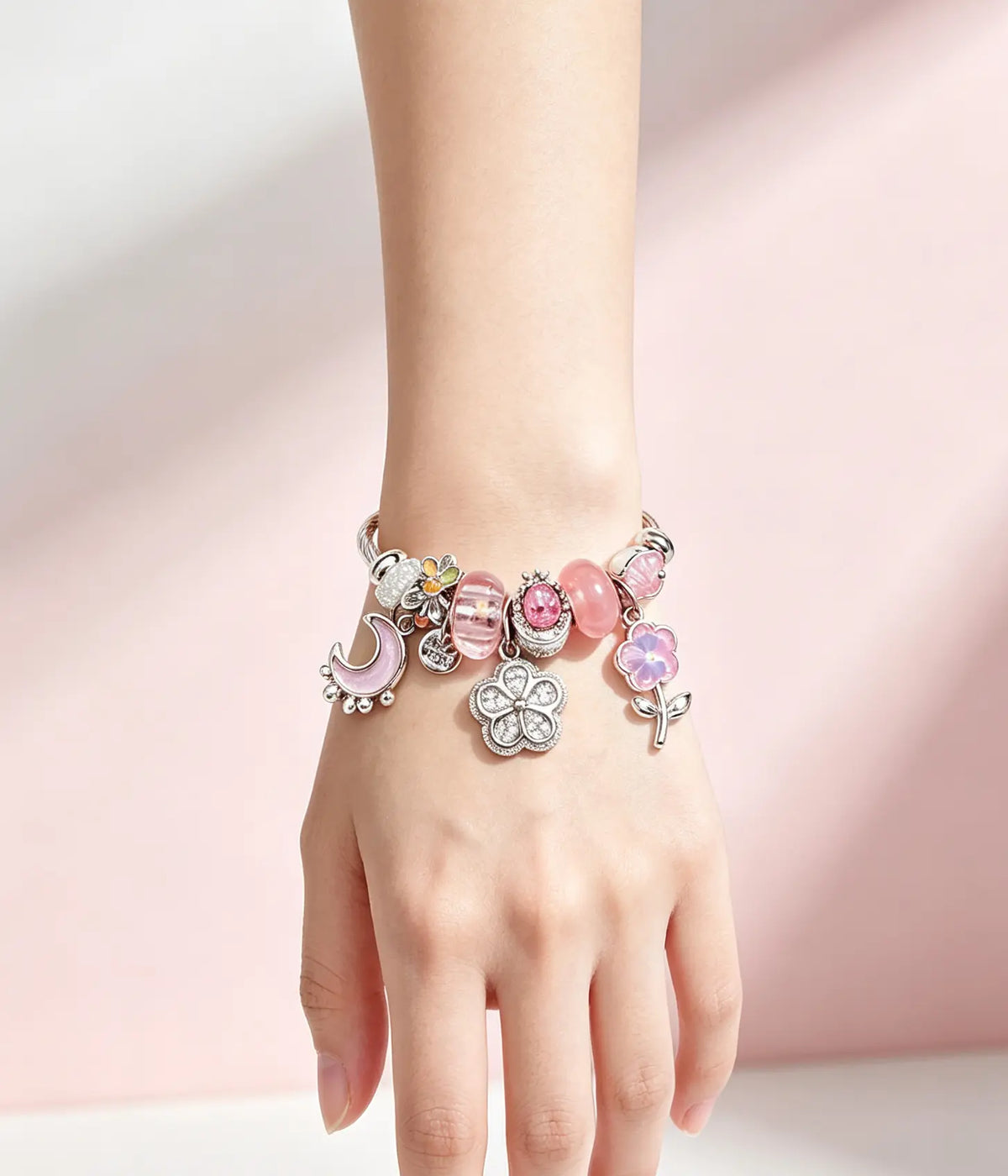 Pink Charm Bangle Bracelet for Women, Adjustable Silver Twisted Cable Wire Cuff with Moon, Clover, Flower Enamel Rhinestone Charms, Transparent Pink Murano Glass Beads Stackable Jewelry Gift for Teen Girls