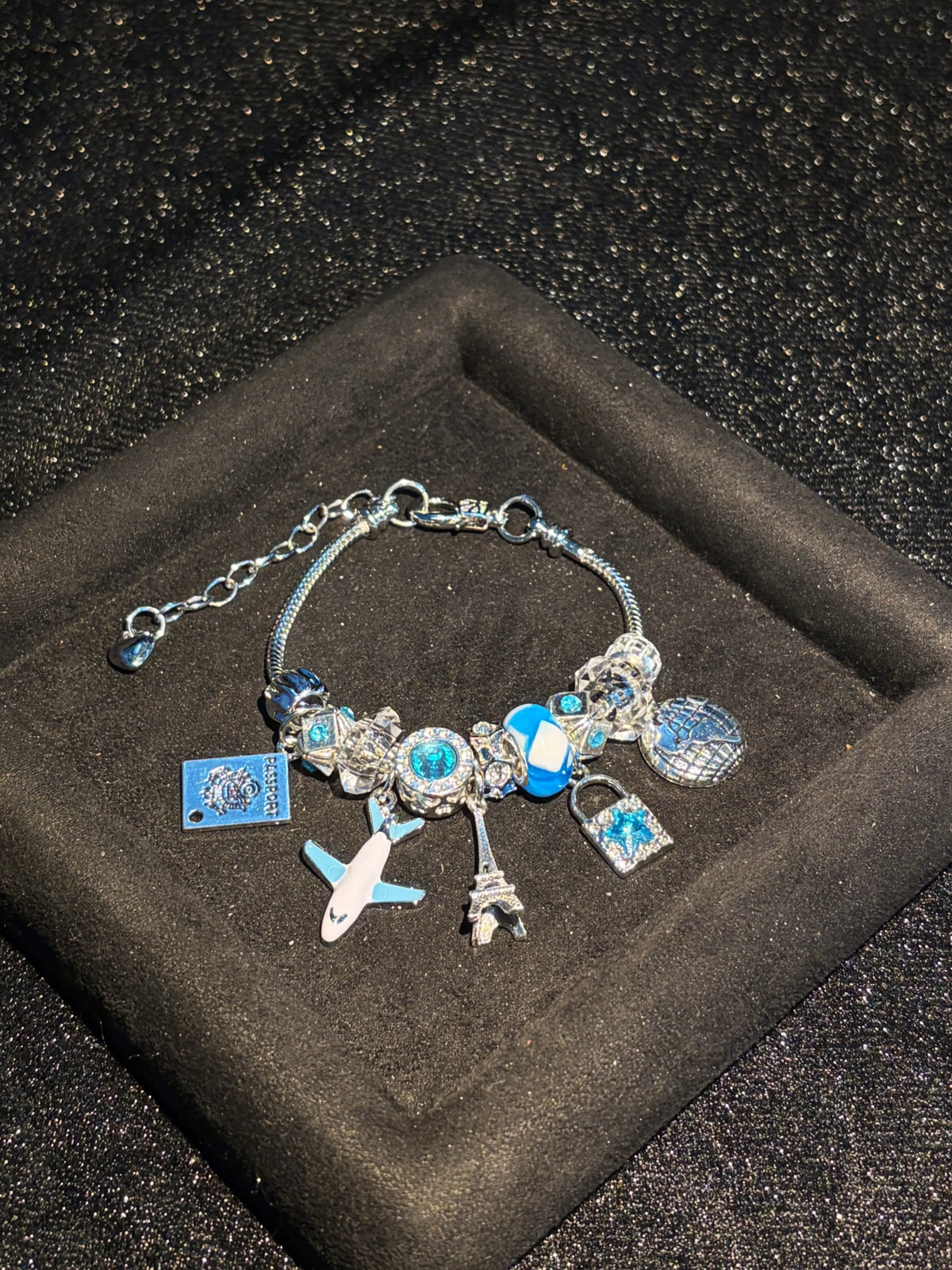 Travel Theme Charm Bracelet, Silver Tone Snake Chain Bracelet with Airplane, Eiffel Tower, Passport, Globe Lock Dangle Charms, Blue Crystal Beads Travel Souvenir Jewelry Gift for Women Girls