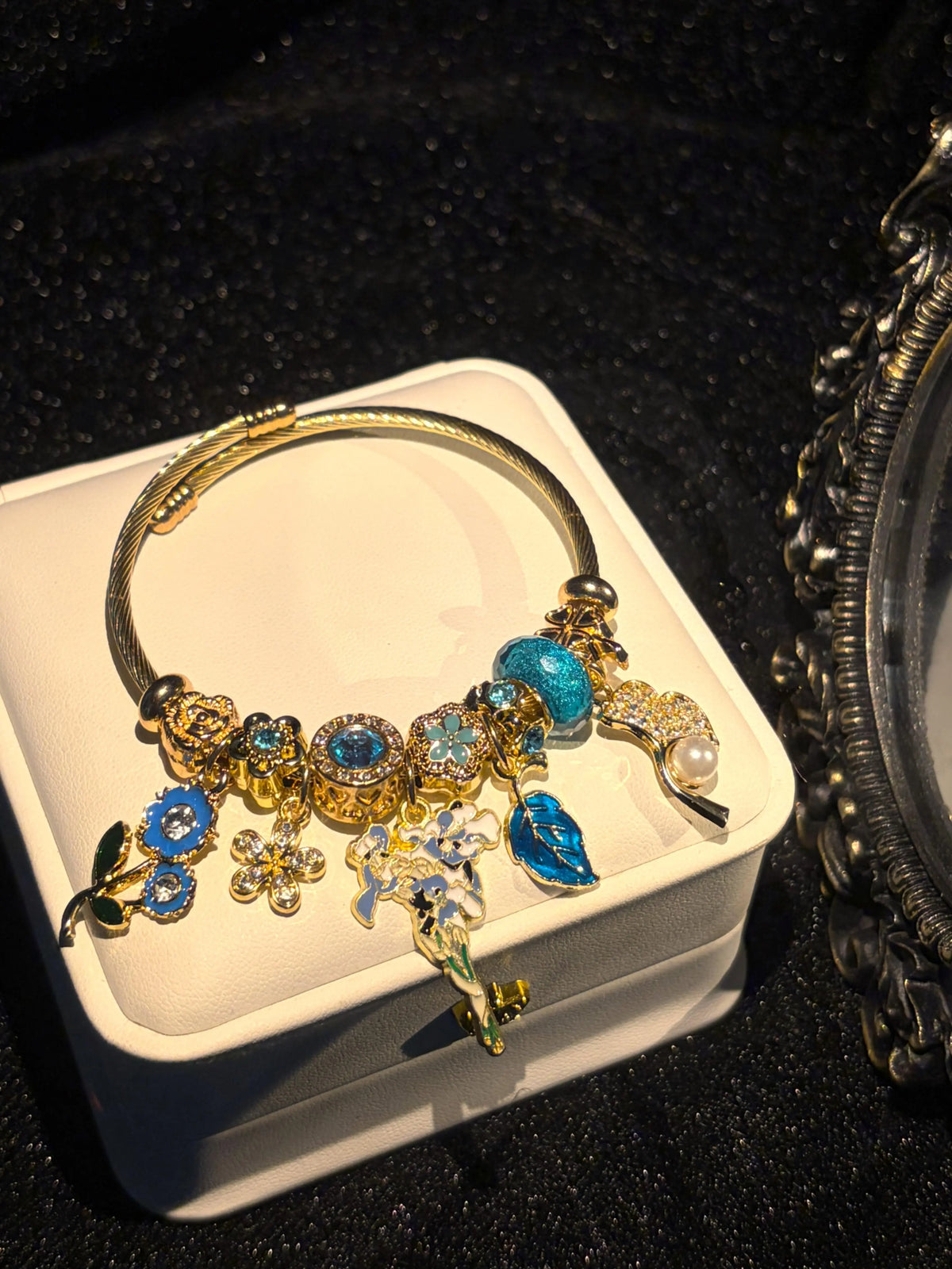 Women's Gold-Tone Enamel Floral Open Cuff Charm Bangle - Nature Collection Jewelry with Flower, Leaf, Pearl & Rhinestone Charms, Fashion Gift for Ladies