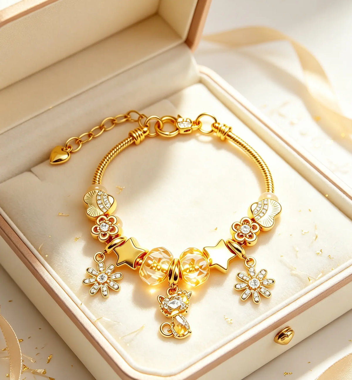 Golden Tone Cat Charm Bracelet, Adjustable Snake Chain Bracelet with Crystal Flower Star Beads, Fashion Jewelry Gift for Women Girls