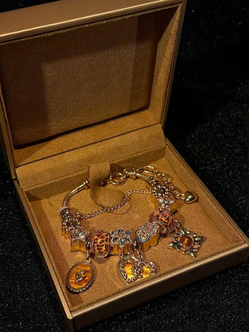 Gold Leopard Print Beaded Charm Bracelet, Vintage Heart Pendant Bangle with Crystal Flower Dangle Charms, Women Fashion Jewelry Gift