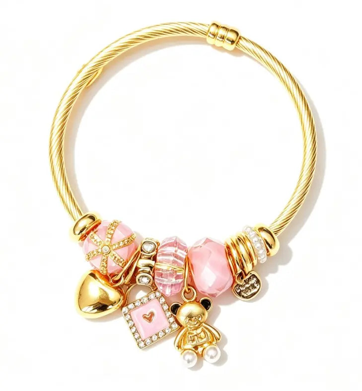 Gold Twisted Cable Bangle Bracelet, Pink Crystal Beads Charms Bracelet with Bear, Heart & Lock Pendant, Sweet Fashion Jewelry Gift for Women Girls