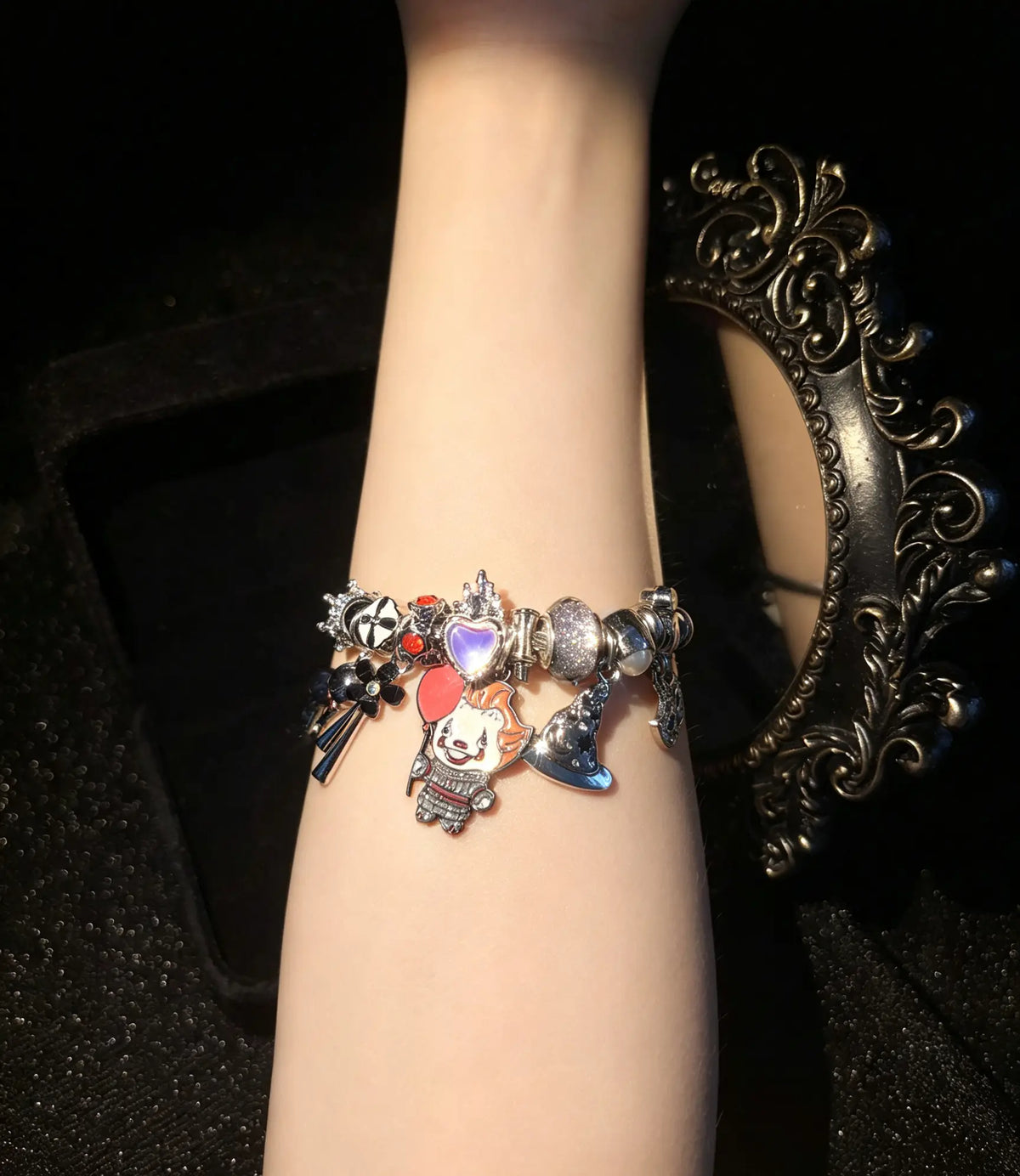 Halloween Clown Charm Bangle Bracelet, Silver Tone Adjustable Wire Bangle with Witch Hat Heart Dangle Charms, Gothic Spooky Costume Jewelry Gift for Women Girls