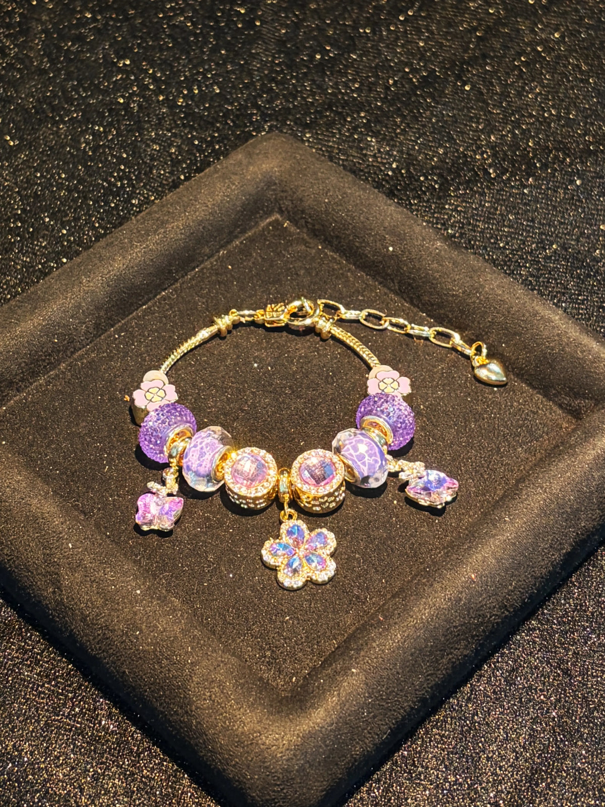 Women's Gold-Tone Adjustable Snake Chain Stackable Charm Bracelet with Sparkly Purple Flower, Butterfly Glass Bead Charms - Trendy Costume Jewelry Gift for Ladies