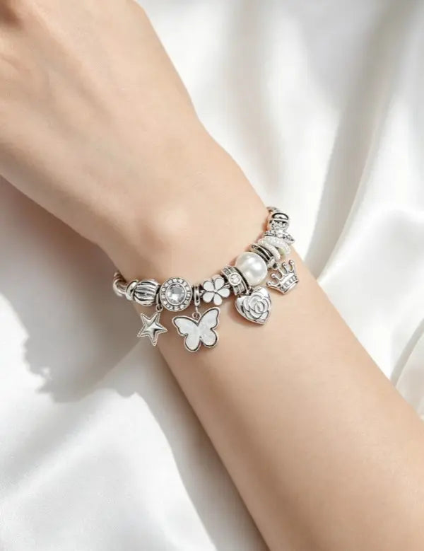 White Fairy Charms Twisted Wire Bangle Bracelet, Butterfly Crown Star Pearl Dangle Beads Jewelry Gift for Women Girls