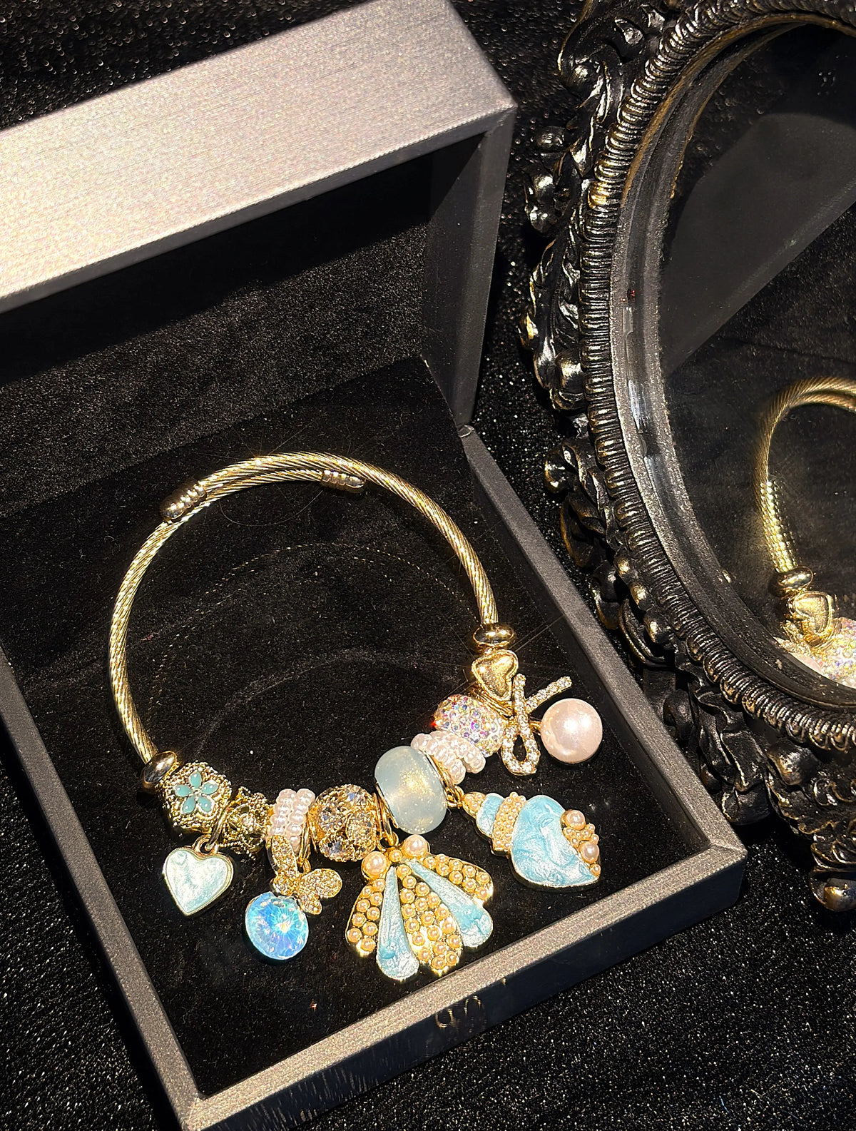 Women's Ocean Shell Charm Bracelet - Enamel Seashell Dangle Charms, Crystal & Pearl Beaded Bangle, Trendy Beach Costume Jewelry Gift for Women
