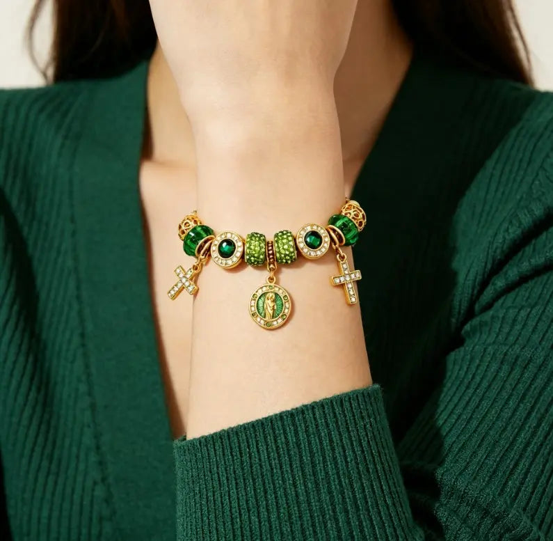 Tone Gold Snake Chain Charm Bracelet Emerald Green Crystal Rhinestone Cross Religious Medal Bracelet Women Prayer Jewelry Gift