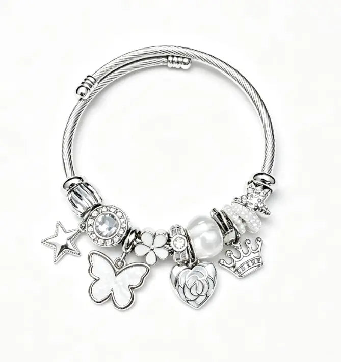 White Fairy Charms Twisted Wire Bangle Bracelet, Butterfly Crown Star Pearl Dangle Beads Jewelry Gift for Women Girls