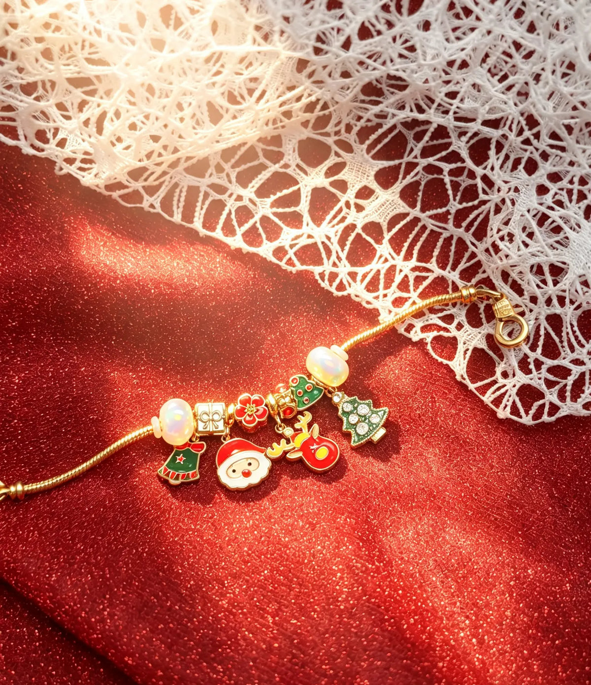 Christmas Charm Bracelet for Women, Gold Plated Snake Chain Beaded Bracelet with Santa Claus, Reindeer, Christmas Tree Enamel Charms, Holiday Xmas Jewelry Gift