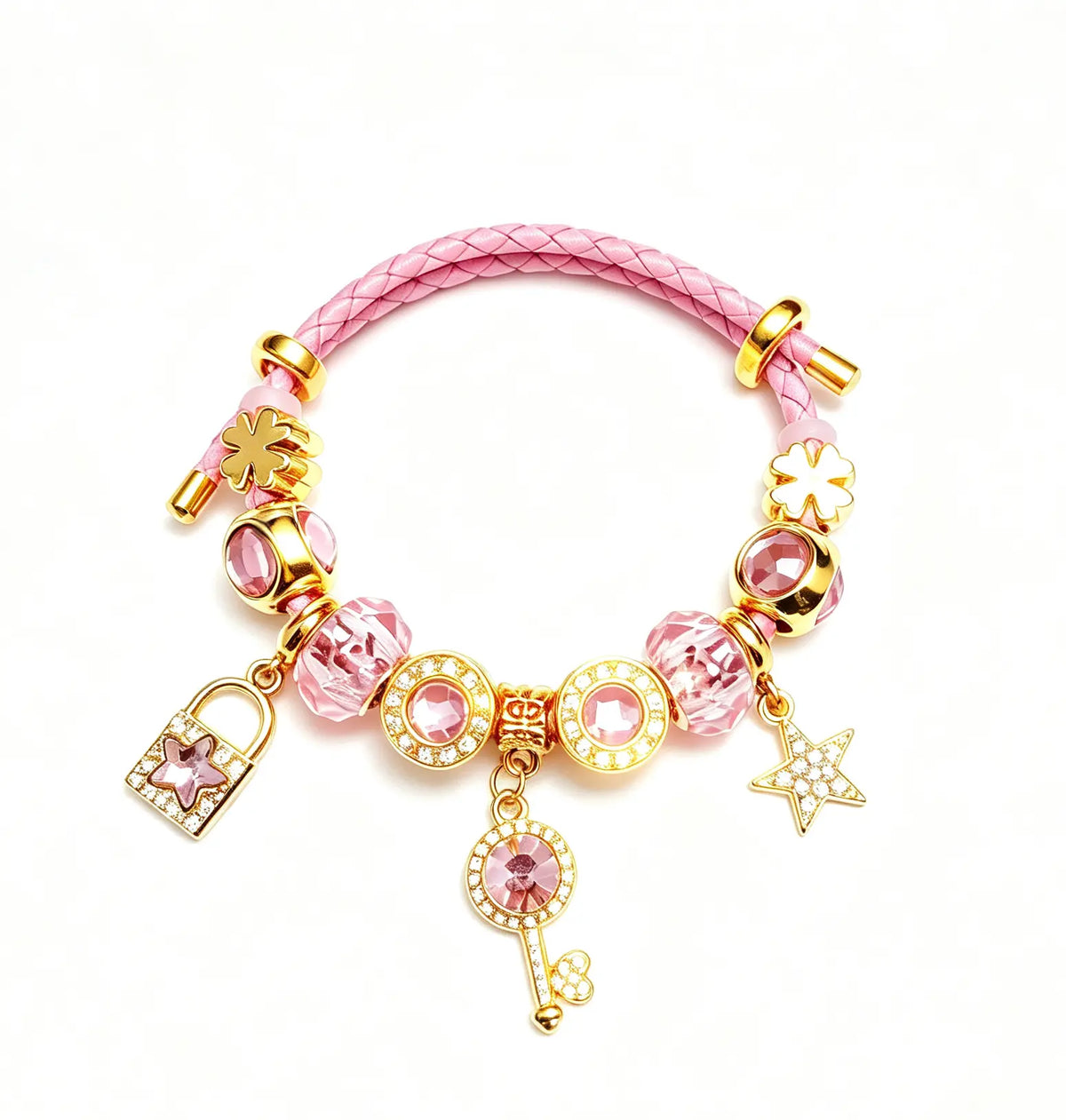 Women's Adjustable Pink Braided Leather Charm Bracelet - Sparkling Crystal, Gold Lock, Star Key, 4 Leaf Clover Beads Fashion Costume Jewelry Gift