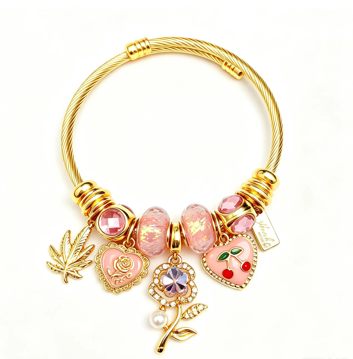 Golden Adjustable Open Cuff Charm Bangle, Cable Wire Beaded Bracelet with Enamel Heart Cherry Rose Maple Leaf Charms, Fashion Stackable Jewelry Gift for Women Girls