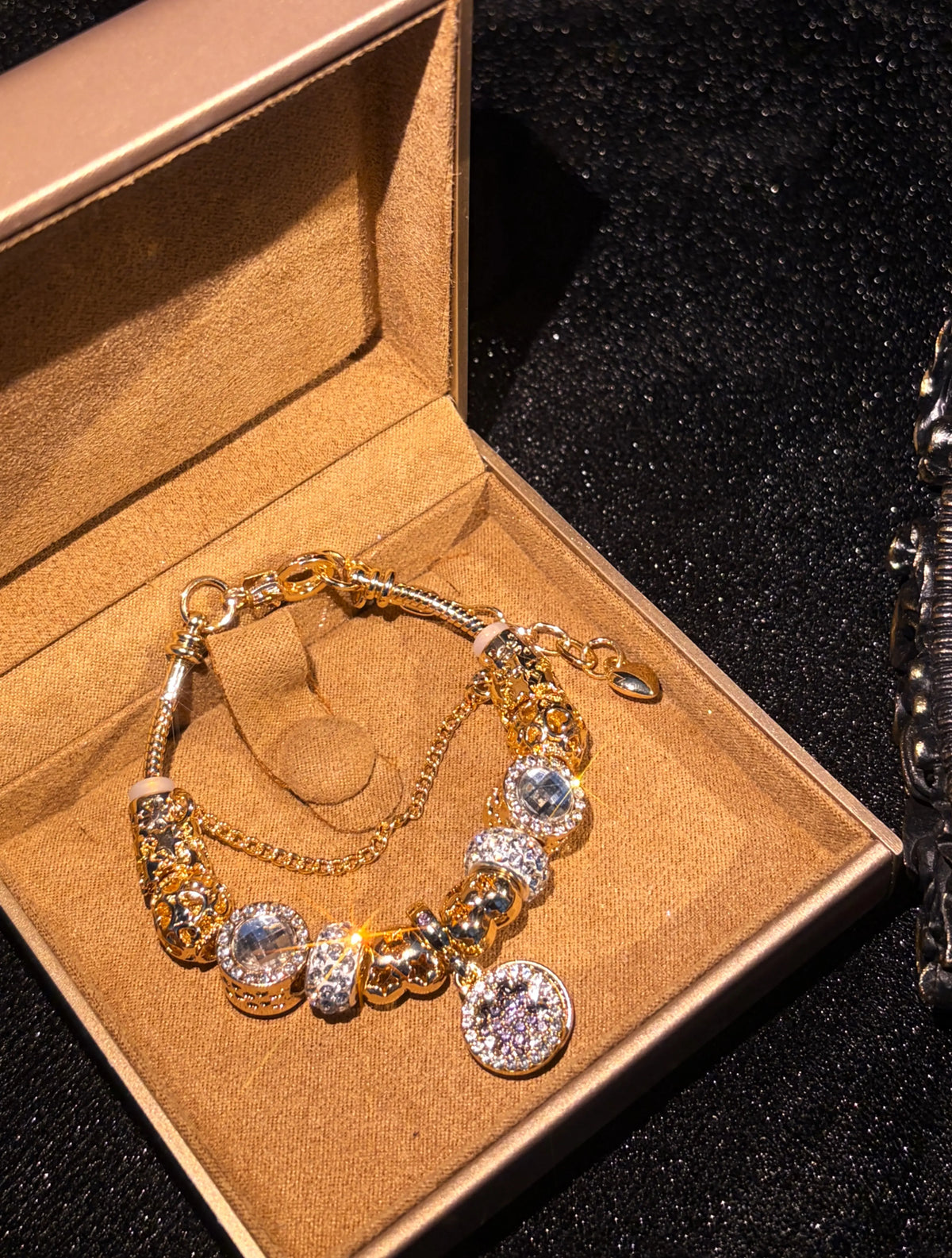 Women's Gold-Tone Clover Round Disc Charm Bracelet - Sparkling Rhinestone Beaded Snake Chain, Elegant Dangle Jewelry Gift for Teen Girls