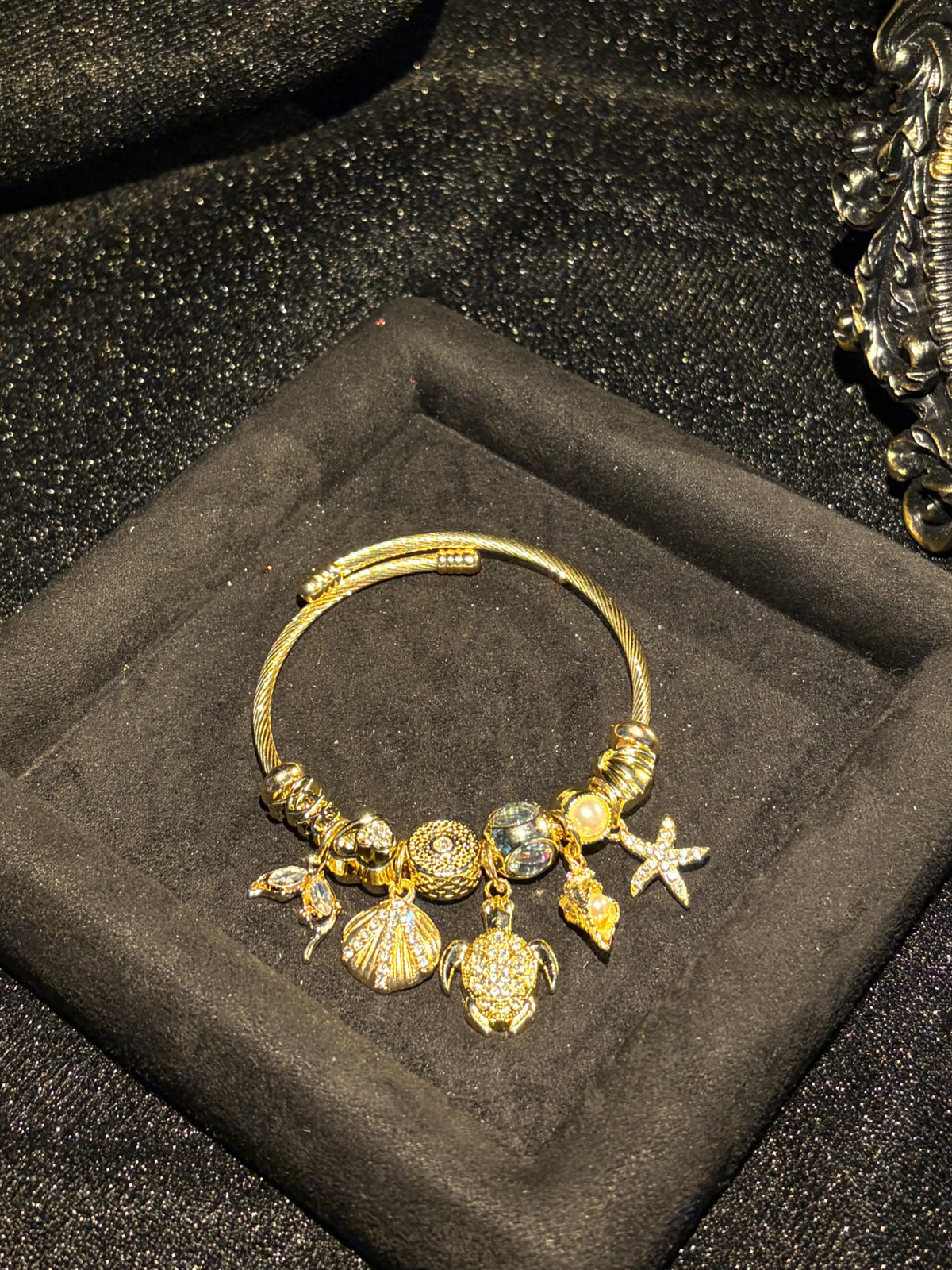 Women's Adjustable Gold-Tone Open Cuff Bangle - Ocean Charm Bracelet with Sparkling Turtle, Starfish, Shell Crystal Pendants - Costume Jewelry Gift