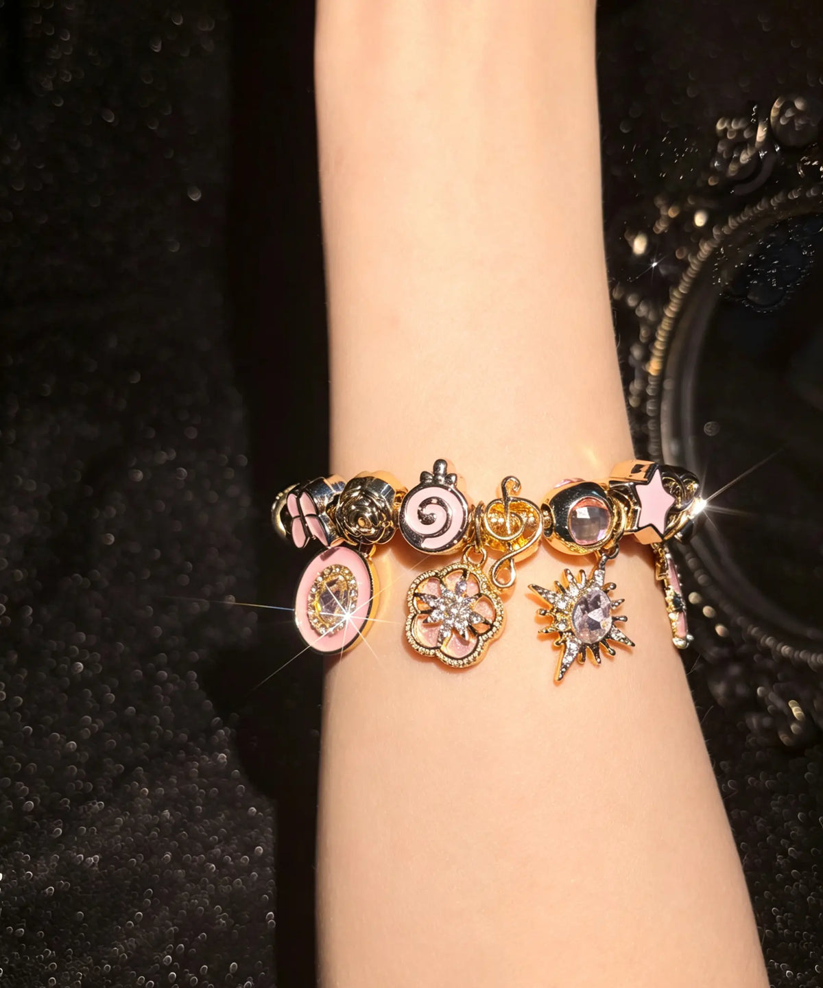 Women's Pink Gold Enamel Charm Bracelet - Gold-Tone Adjustable Snake Chain with Sun, Star-Burst, Lollipop, Music Note, Heart Dangle Charms, Rhinestone Fashion Jewelry Gift for Teen Girls
