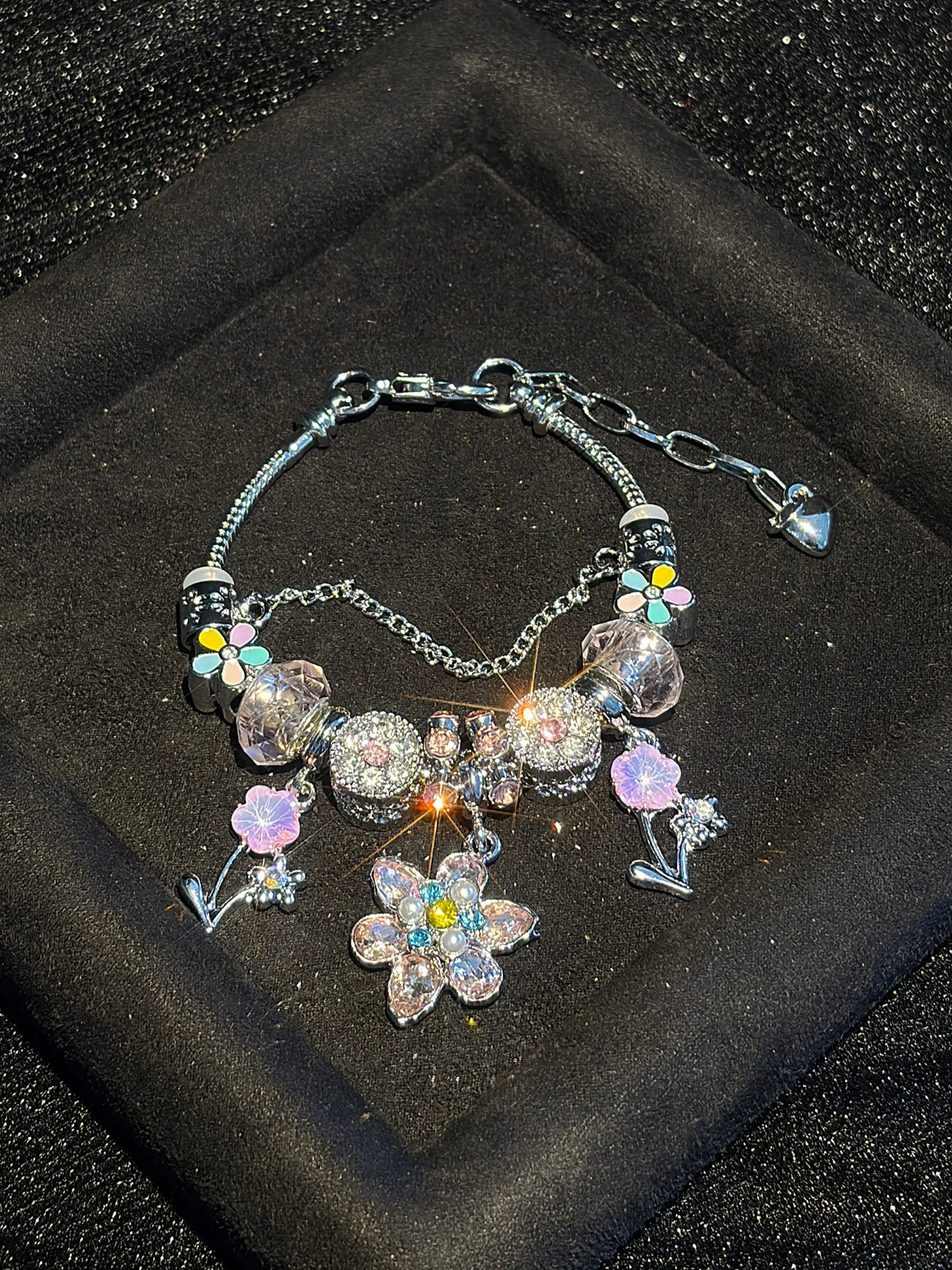 Women's Silver-Tone Snake Chain Charm Bracelet - Colorful Rhinestone Floral Dangle Charms, Crystal Beaded Costume Jewelry Gift for Teen Girls