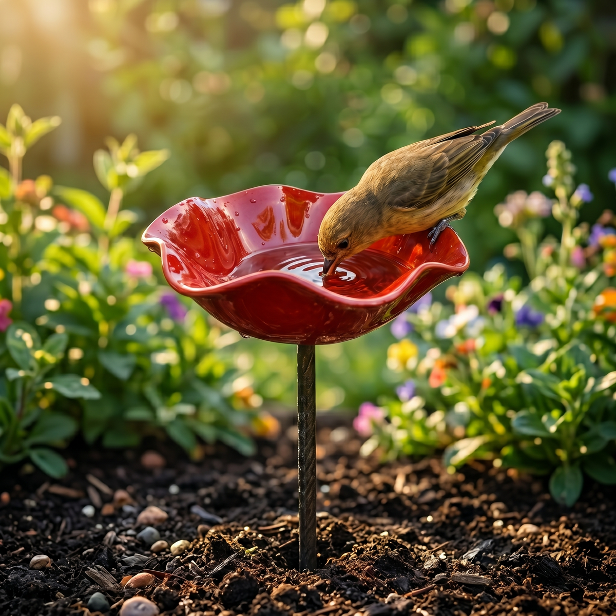 Red Flower Bird Bath Garden Stake – Decorative Outdoor Bird Water Feeder for Gardens & Flower Beds