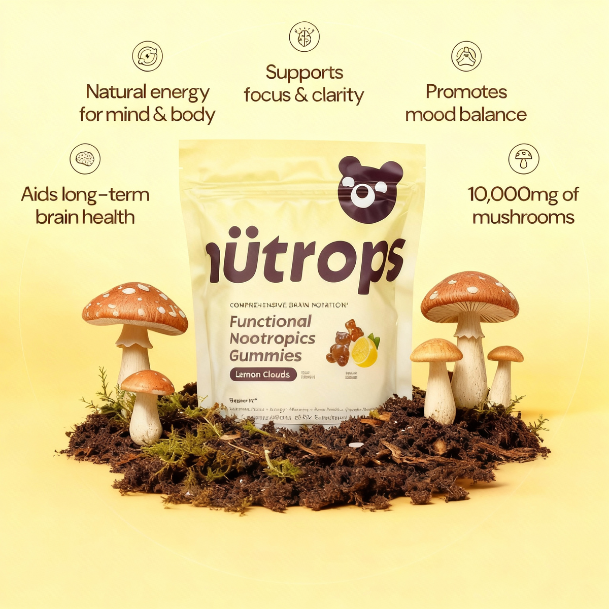 Nütrops Daily Gummies-Daily Gummies-Elevate Your Brain Health, Energy &amp; Wellness with 6 Power-Packed Mushrooms