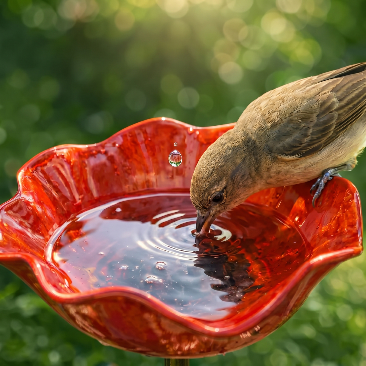 Red Flower Bird Bath Garden Stake – Decorative Outdoor Bird Water Feeder for Gardens & Flower Beds