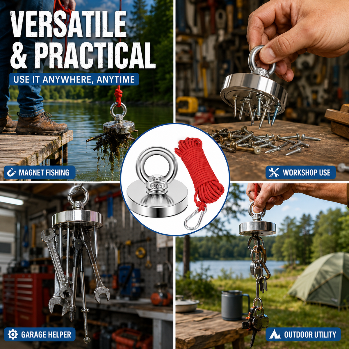 🔥🛠️Strong Neodymium Fishing Magnet Kit with 304 Stainless Steel Eyebolt, Red Rope & Carabiner for Treasure Hunting and Metal Retrieval