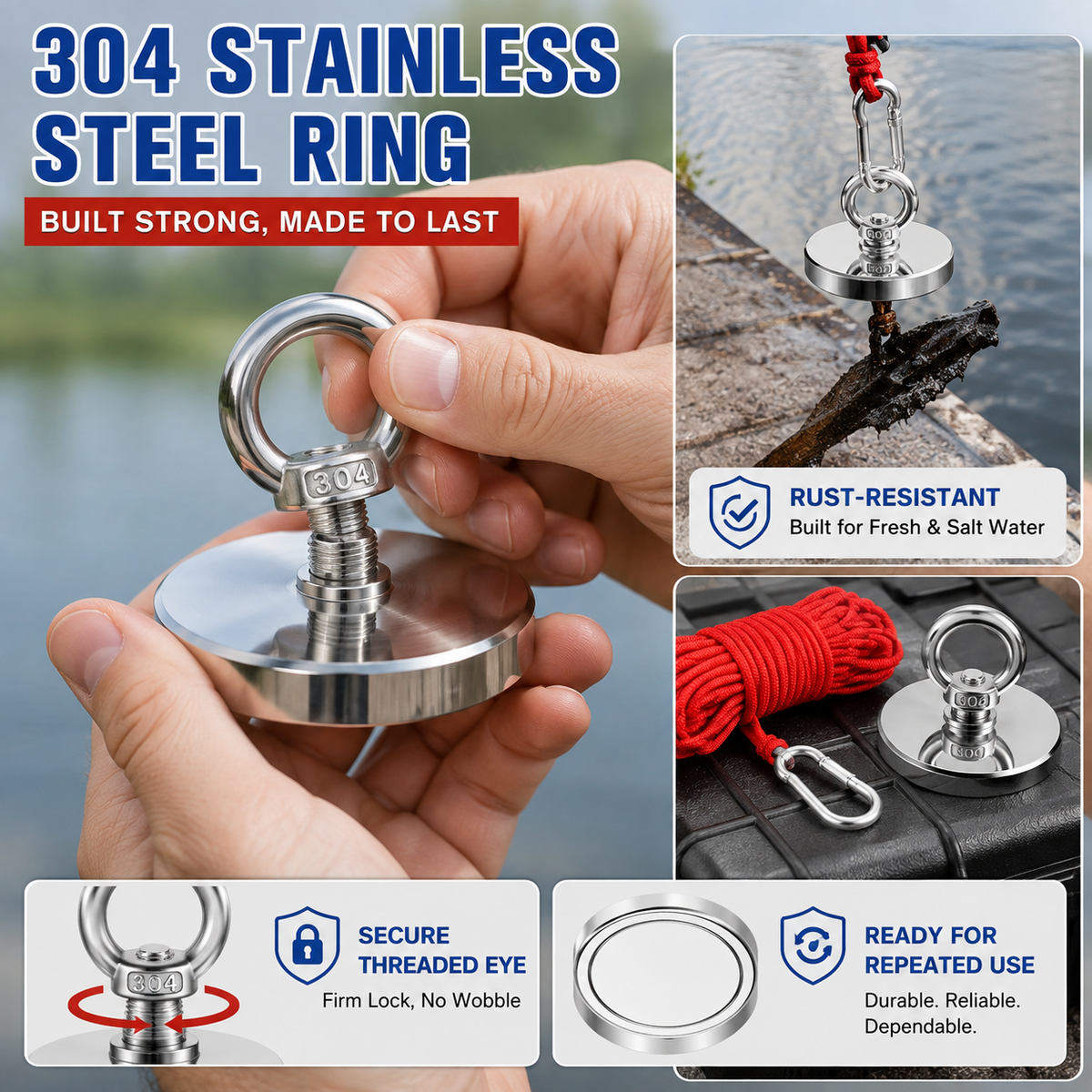 🔥🛠️Strong Neodymium Fishing Magnet Kit with 304 Stainless Steel Eyebolt, Red Rope & Carabiner for Treasure Hunting and Metal Retrieval